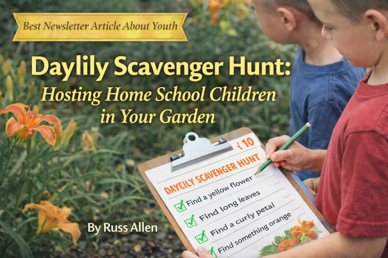 Best Newsletter Article About Youth – Russ Allen – “Daylily Scavenger Hunt- Or Tips on Hosting Home School Children at your Daylily Garden” – Fall 2022